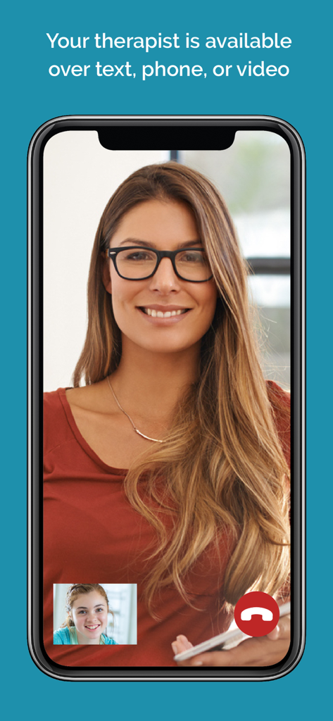 Teen Counseling 앱에서 10대 소녀와 공인된 치료사 간의 영상 통화 인터페이스를 표시하는 스마트폰 화면.