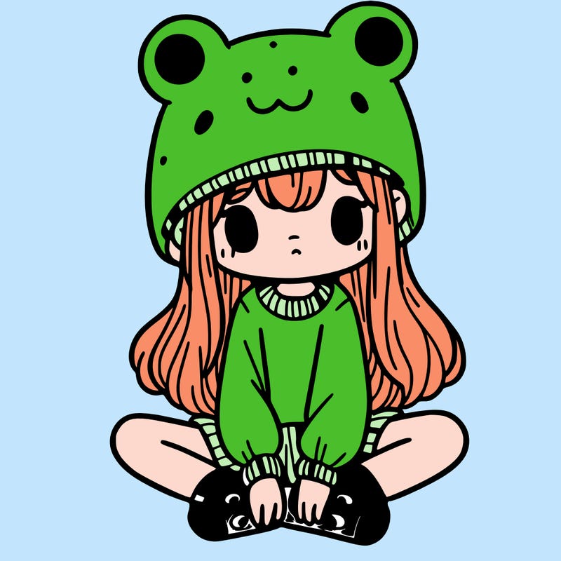 a girl wearing a frog hat and some frog socks