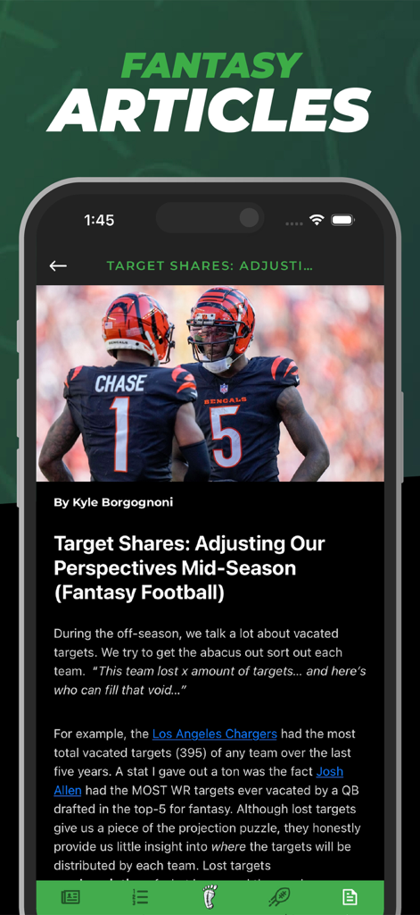Screenshot of the Fantasy Footballers app displaying an expert analysis article about NFL target shares.