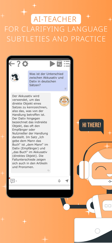 AnyLang app screenshot showing an AI teacher explaining German grammar subtleties in a chat interface