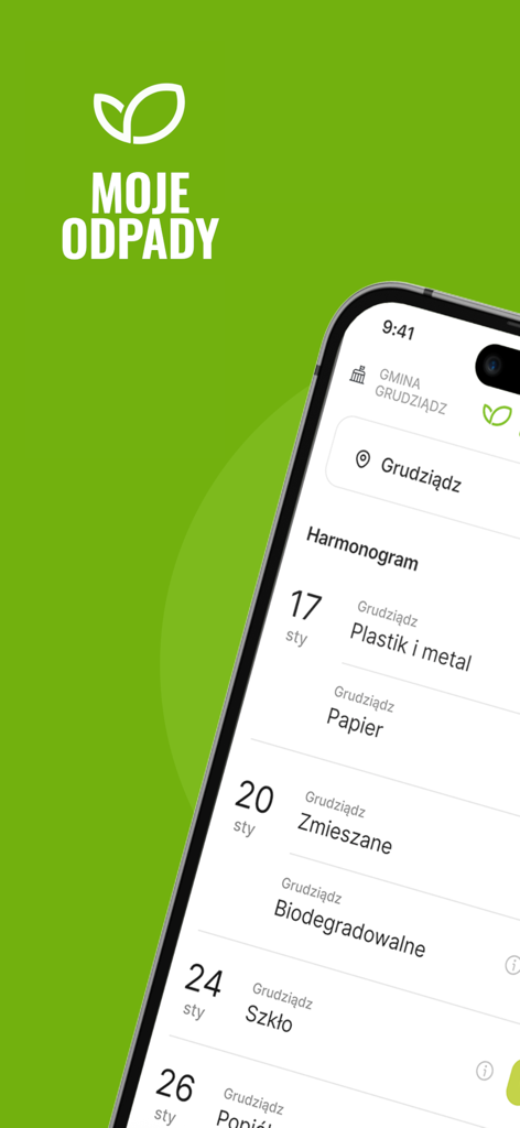 Waste collection schedule - A smartphone screen displaying the My Waste app with a localized waste collection schedule for various materials like plastic, paper, and glass.