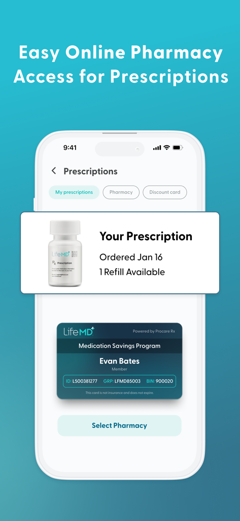 LifeMD Telehealth - Pantalla de la aplicación móvil LifeMD que muestra información de recarga de recetas y una tarjeta del programa de ahorro de medicamentos.