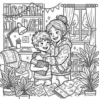 Celebrate the special bond between siblings with this charming coloring page. Dive into a detailed full-scene illustration of a big sister embracing her little brother in a cozy, book-filled room.