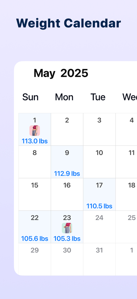 Monthly weight calendar display in the WTrack app showing progress logs and weight entries