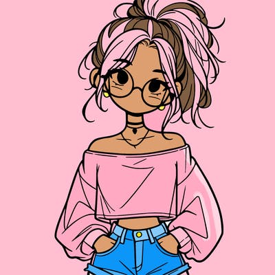 girl with a messy ponytail glasses a baggy crop top and jean shorts