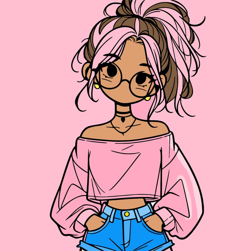 girl with a messy ponytail glasses a baggy crop top and jean shorts