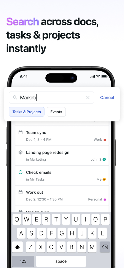 Search interface in the Motion app showing results for tasks projects and calendar events