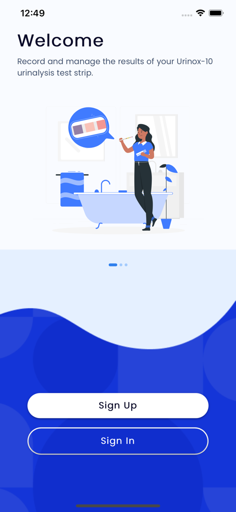 Urinox - Urinox app welcome screen showing sign up and sign in buttons with a test strip illustration