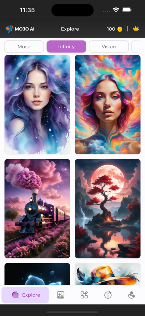 MOJO AI - A mobile app interface of MOJO AI showing a grid of vibrant AI-generated portraits and artistic landscapes in the explore section