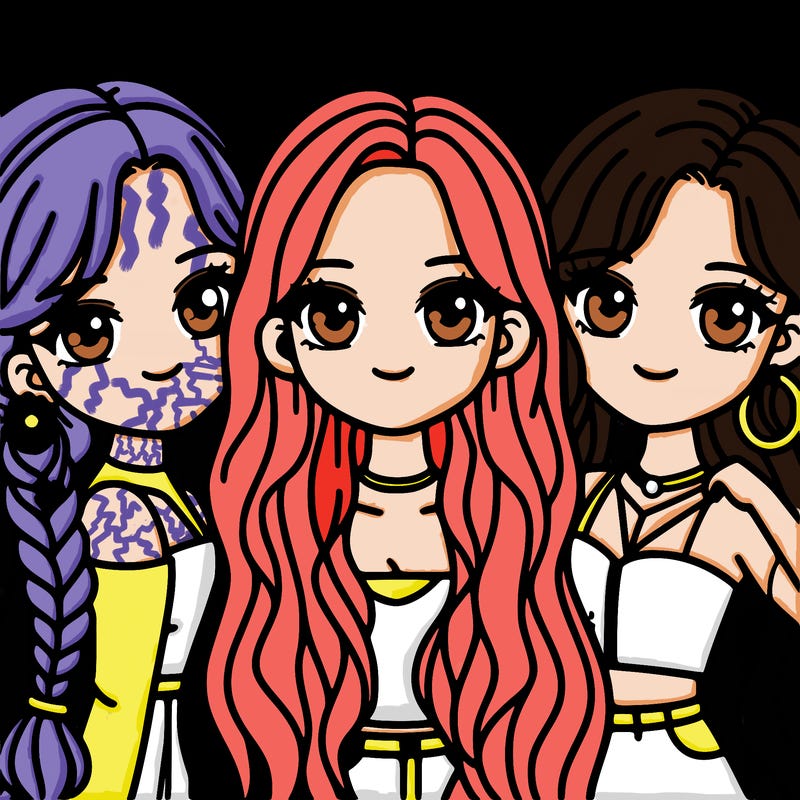 a group of 3 k-pop girls, one with a braid, one with long hair, and the other with short hair