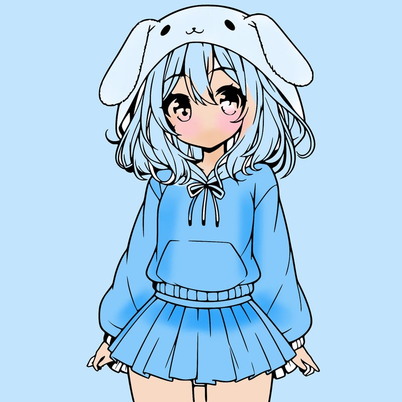 pretty anime girl wearing a fluffy hoodie with bunny ears on the hood and a skirt