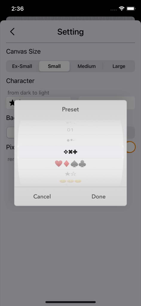 La pantalla de configuración de la aplicación Imagen a Arte ASCII que muestra opciones de tamaño de lienzo y una rueda de selección de preajustes de caracteres.