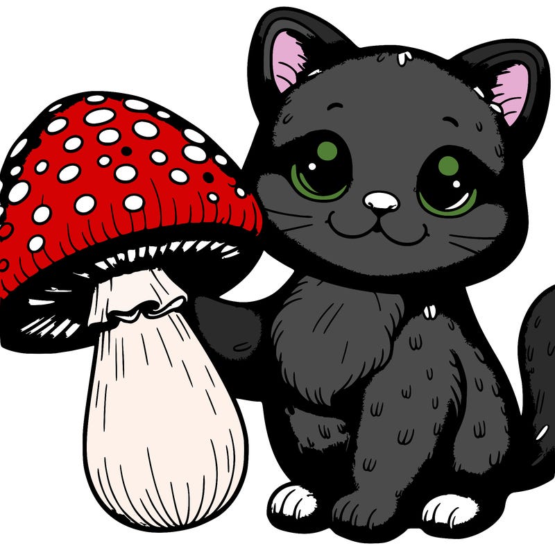 purple realistic cat holding a mushroom