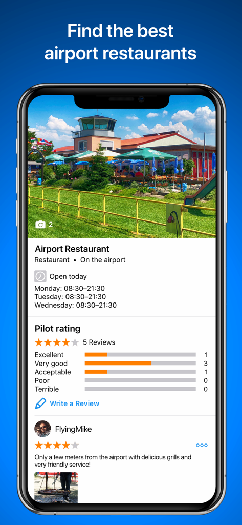 RunwayMap - #1 Pilot Community - RunwayMap app interface showing airport restaurant ratings and pilot reviews