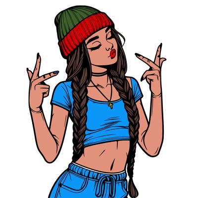realistic teenage girl with braids and a beanie and crop top doing 🫶🏼