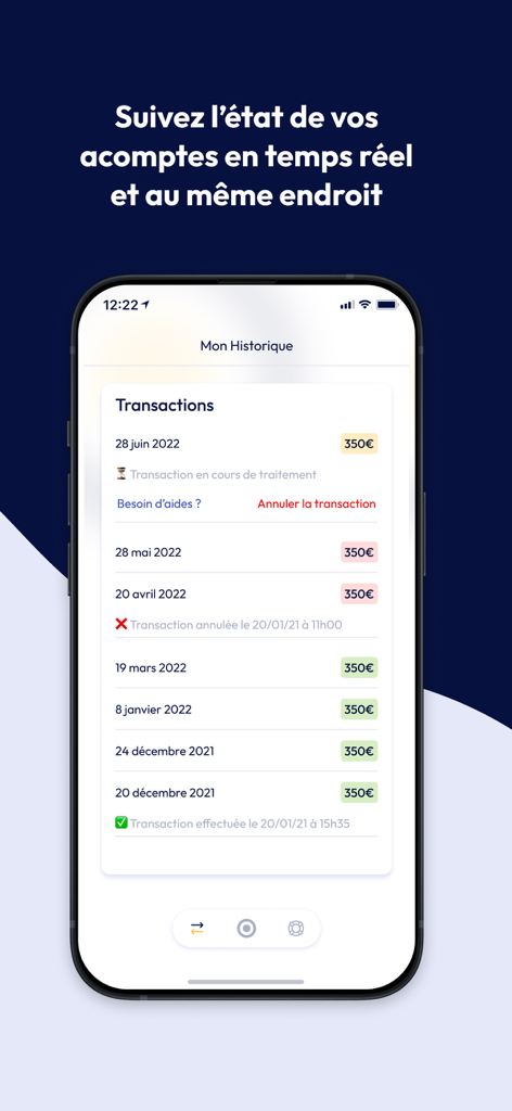 Historique des transactions de l'application Nesspay montrant le statut d'accès aux salaires gagnés