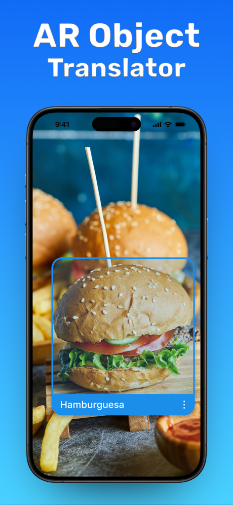 Smartphone screen displaying AR object translation of a hamburger into Spanish