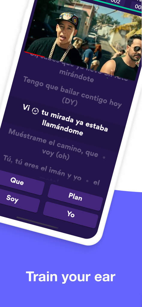 Language Reactor - Sounter - A mobile app interface showing a music video with interactive lyrics and a fill in the blank language exercise.
