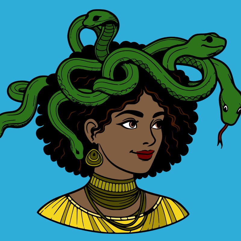 realistic woman snakes on head