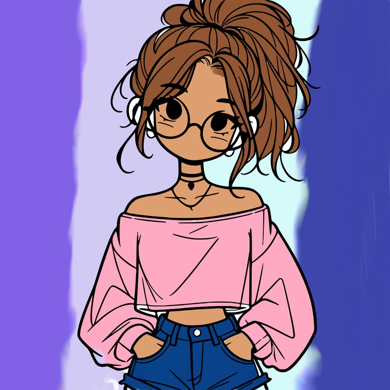 girl with a messy ponytail glasses a baggy crop top and jean shorts