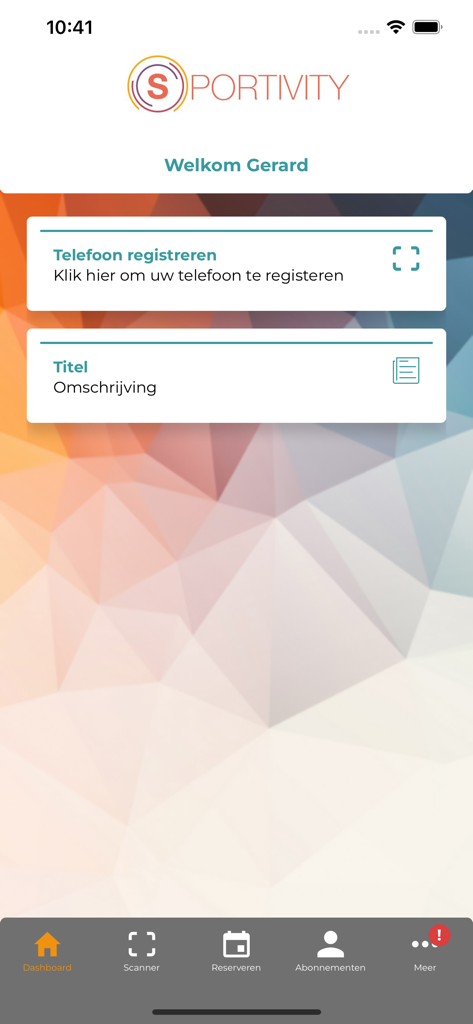 Sportivity - Sportivity fitness app dashboard screen showing a welcome message and navigation menu for class bookings and memberships