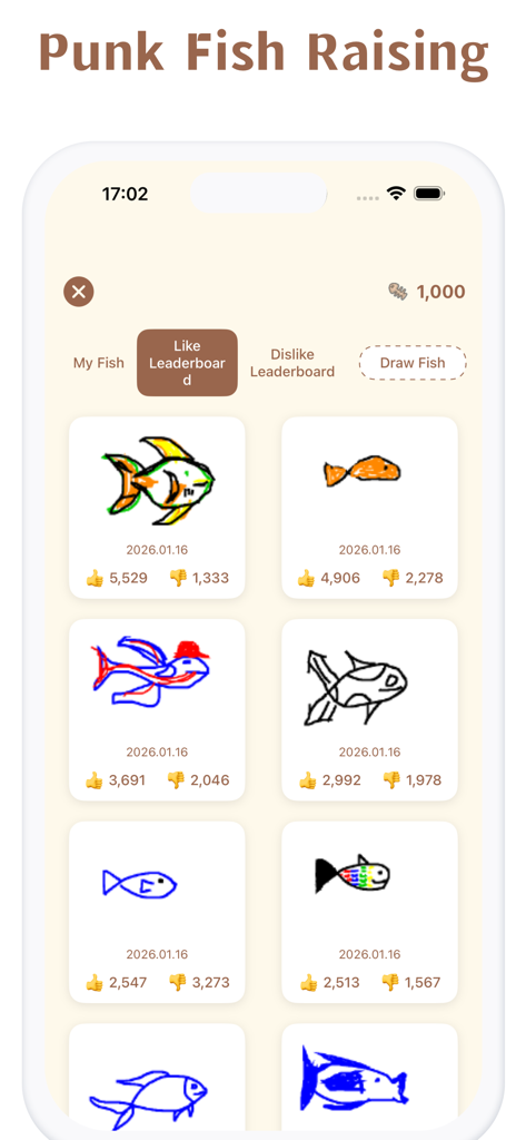 DrawFish – Cyber Fish Tank - Eine Galerie von von Benutzern gezeichneten Fischen auf dem DrawFish-App-Ranglistenbildschirm mit Likes und Dislikes.