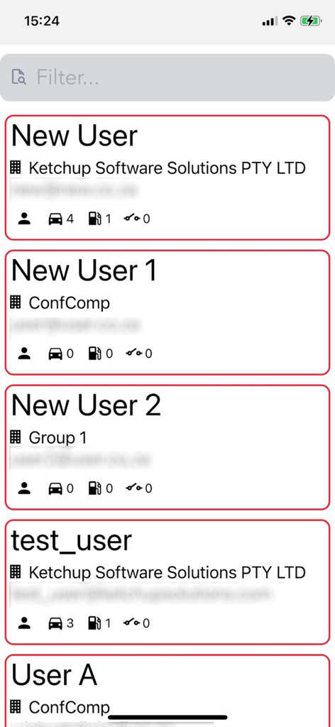 DigitWeb - DigitWeb fleet management app displaying a list of users with vehicle and fuel tracking data