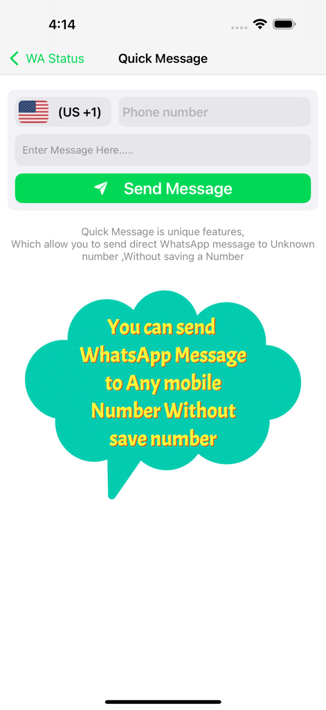Status downloader - Interface of the Quick Message feature for sending direct WhatsApp messages to unsaved phone numbers.