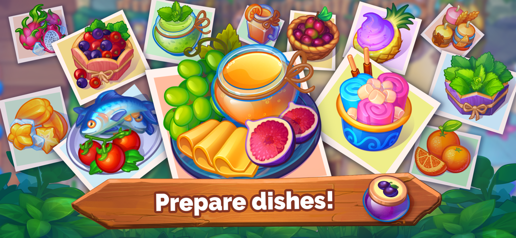 Farming Fever - Cooking game - Una colección de coloridos ingredientes frescos de granja y platos preparados, incluyendo miel, frutas y pescado sobre un fondo de madera.