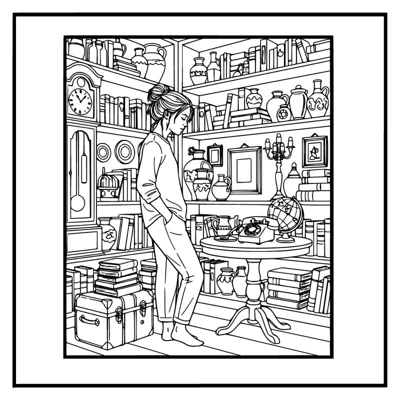 realistic teenager girl in a antique store