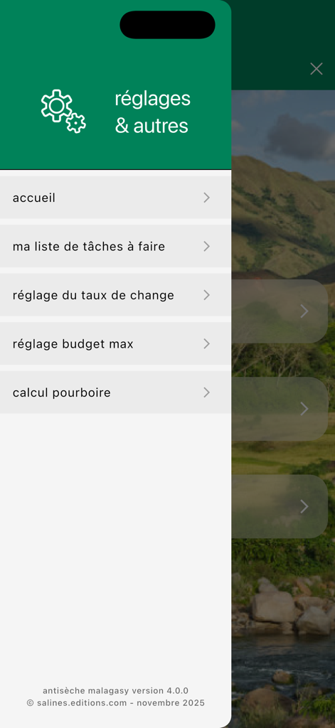 antisèche malagasy - Navigation sidebar of the antisèche malagasy app showing travel utility options like budget and tip calculators