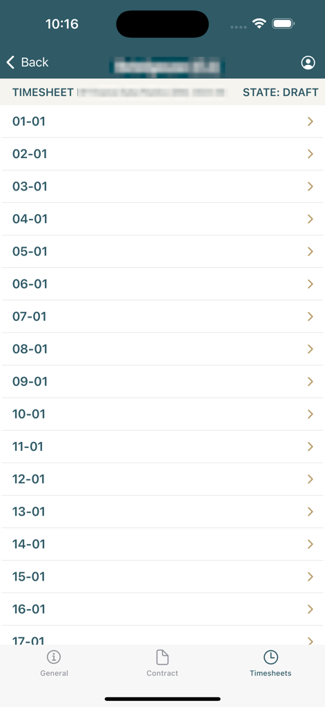 ADM - A list of daily timesheet entries in draft status within the ADM-EasyAdmin mobile application.