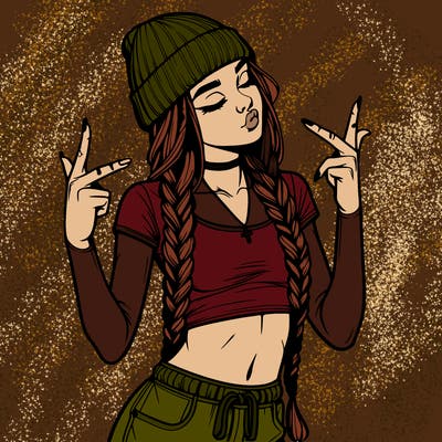 realistic teenage girl with braids and a beanie and crop top doing 🫶🏼