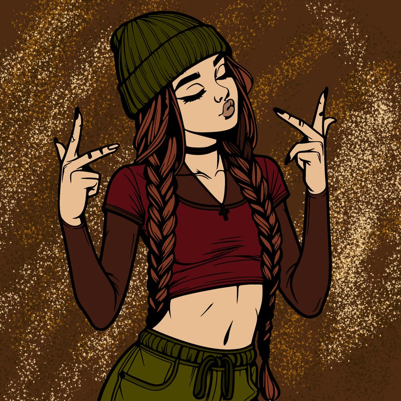 realistic teenage girl with braids and a beanie and crop top doing 🫶🏼