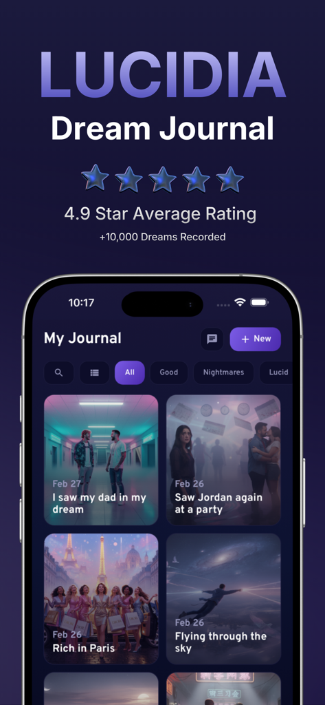 Lucidia - My Dream Journal - Lucidia app interface showing a dream journal with AI generated visual representations for each entry