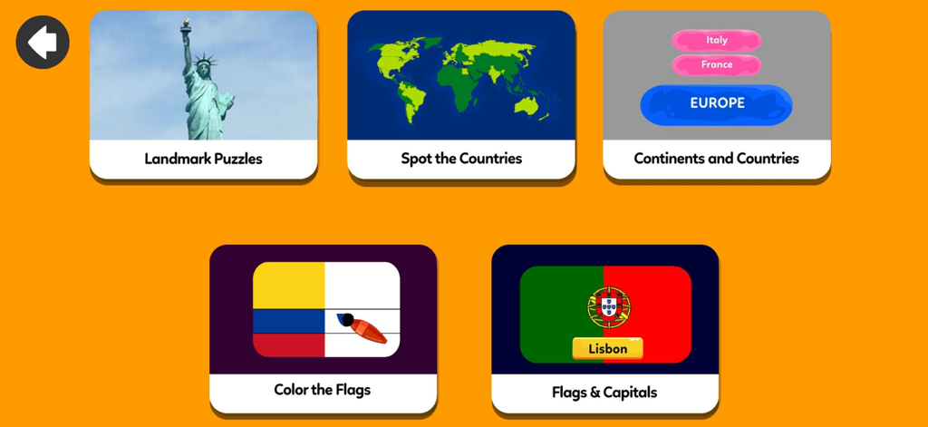 Main menu of Geography Games for Kids app showing five educational game categories including landmarks maps and flags