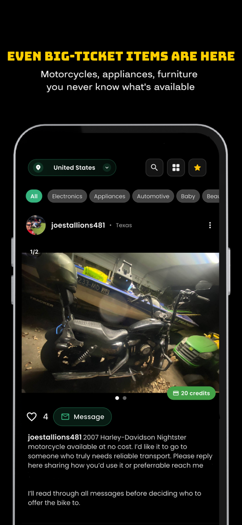 Freecycle - Freebie Alerts - Captura de pantalla de una aplicación móvil que muestra un anuncio gratuito de una motocicleta Harley-Davidson de 2007 con texto descriptivo y opciones de mensajería.