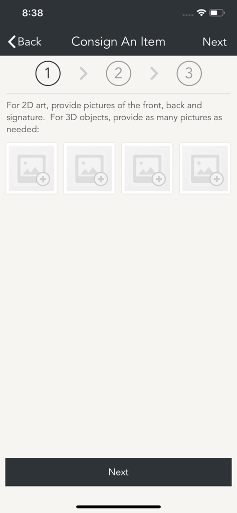 Stack's Bowers Galleries - Interface of the Stack's Bowers Galleries app showing step one of the consignment process where users can upload photos of items for appraisal.