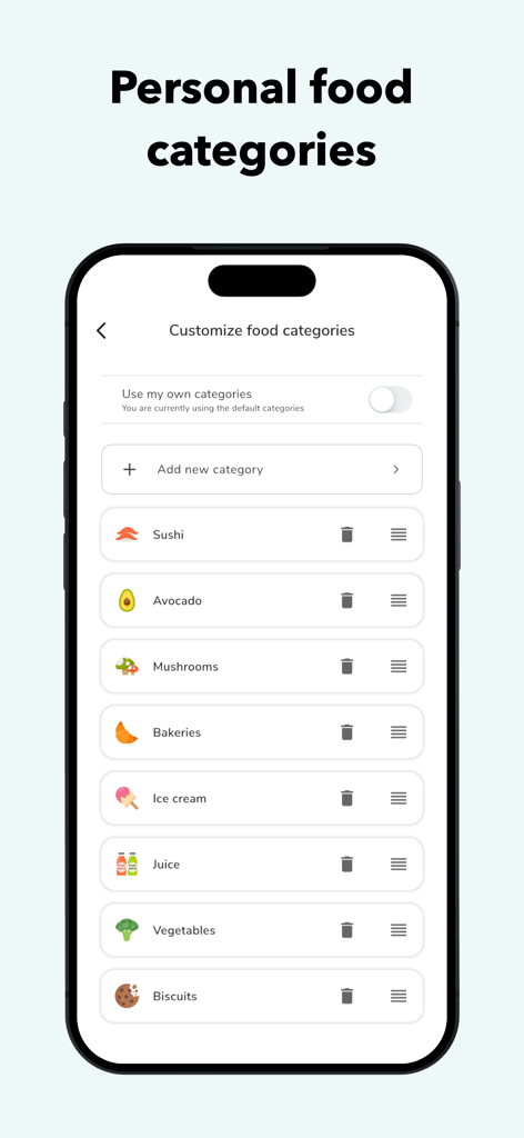 Tela do iPhone mostrando a personalização de categorias de alimentos pessoais no aplicativo NoWaste