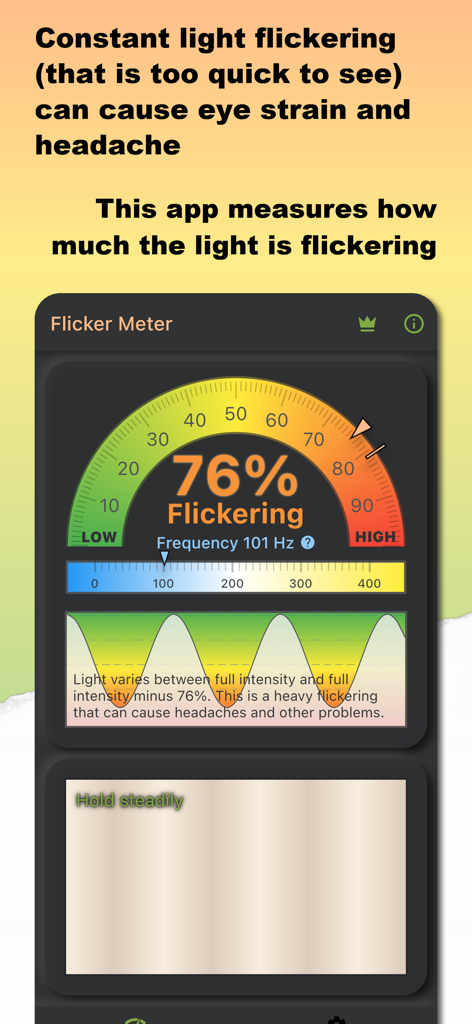 Flicker Meter for Light - PWM - Flicker Meter App-Oberfläche zeigt 76 Prozent flimmernde Intensität und 101 Hz Frequenz auf einem Zifferblatt und einer Wellengrafik an.