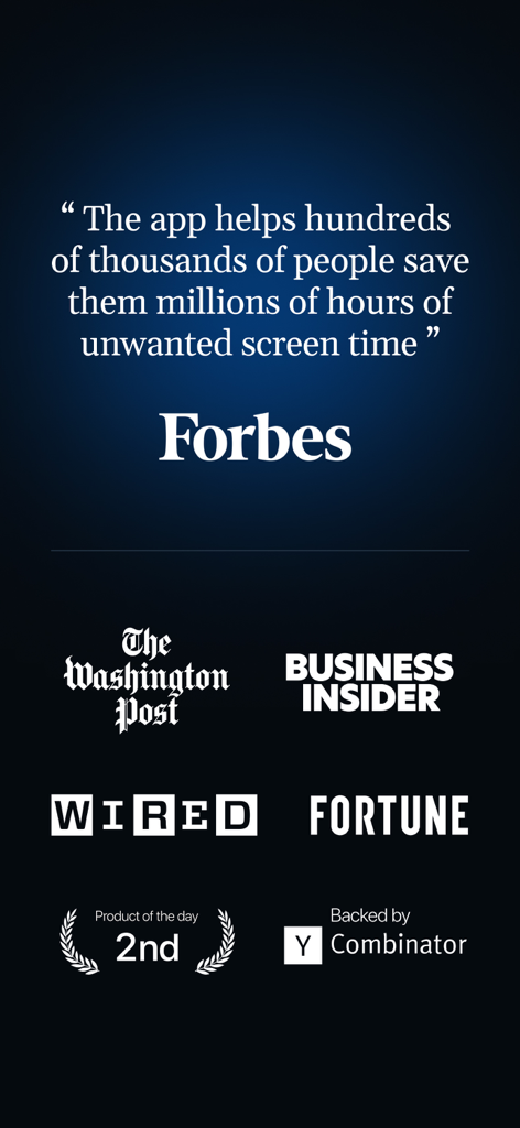 Press mentions for ClearSpace app from Forbes, The Washington Post, and Wired with a quote about saving screen time.