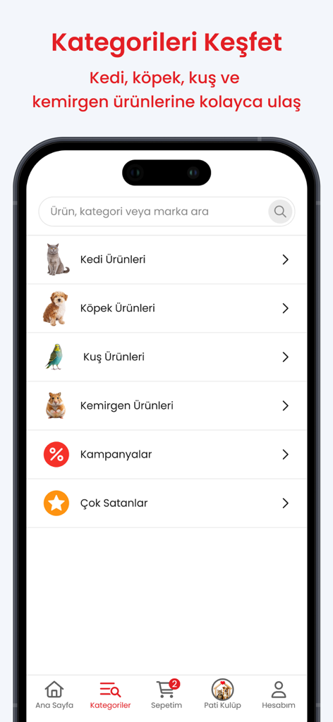 Petlebi - Interfaccia dell'app mobile Petlebi che mostra categorie per prodotti per cani, gatti, uccelli e roditori