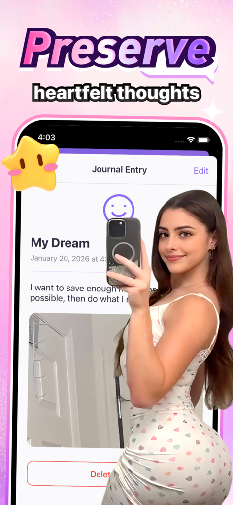Bliss - Find Your Joy - Blissアプリのジャーナルエントリ画面。写真添付と「心からの思考を保存する」というテキストが表示された個人的な夢のログが表示されています。
