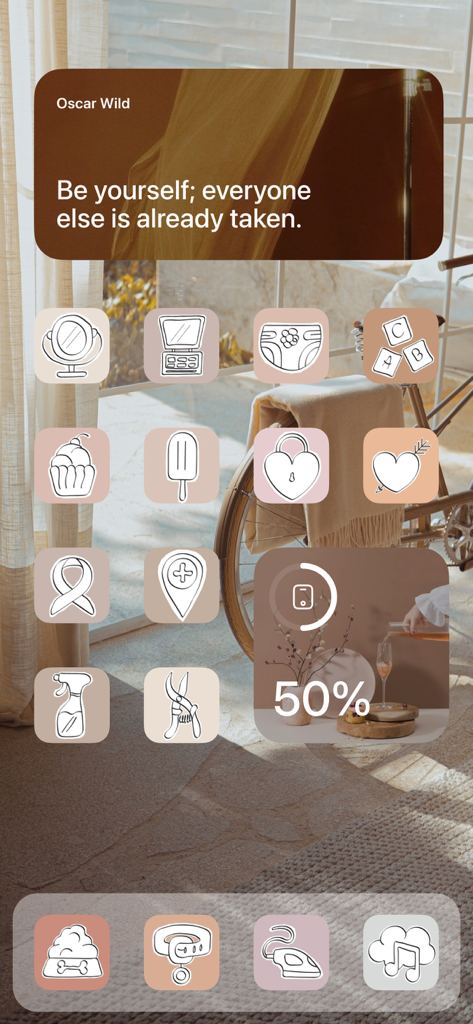 Icon Themer:App Skin – Naricon - Custom iPhone home screen with beige hand drawn icons and quote widget