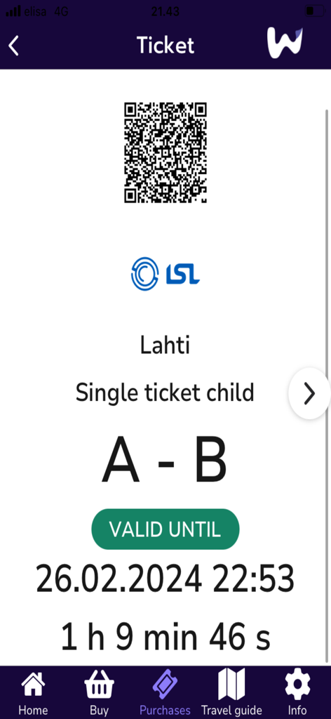 Waltti Mobile app screen showing a digital bus ticket for Lahti with a QR code and validity countdown.