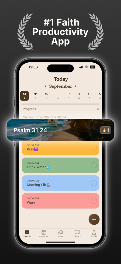 Heavenly: Planner & Bible Chat - Heavenly app daily checklist screen showing spiritual and physical habits like prayer and exercise