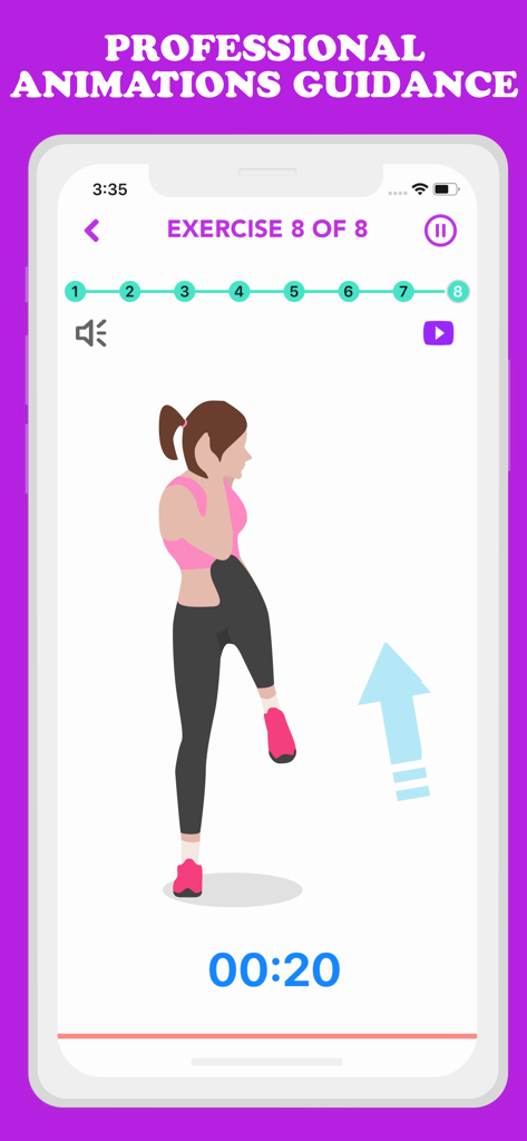 Captura de pantalla de una aplicación móvil que demuestra una guía profesional de animación para un ejercicio de entrenamiento para mujeres