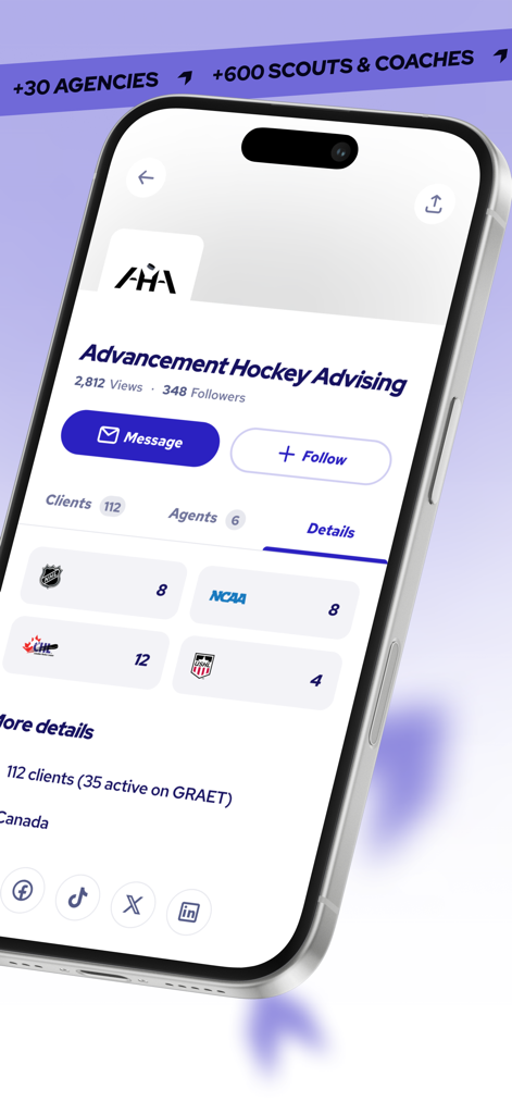 A profile screen for Advancement Hockey Advising on the GRAET app showcasing agency stats, client counts, and professional league placements.