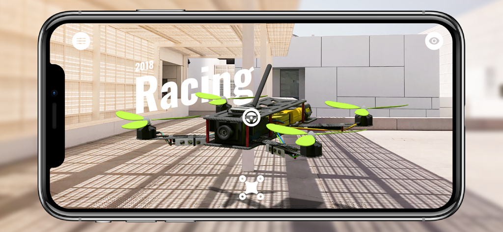 드론 XR에서 가상 레이싱 드론을 보여주는 증강 현실 인터페이스