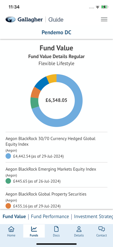 Gallagher Guide - Pensions - Mobile app interface showing pension fund value breakdown with a donut chart and investment list
